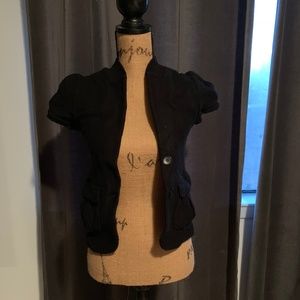 Women's BCBG Black Puff-Sleeved Button-Up Sweater